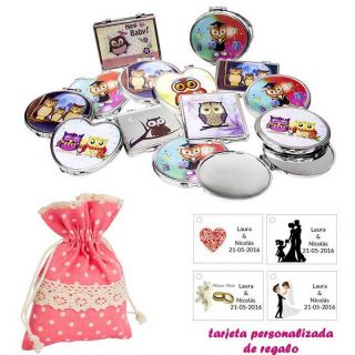 Espejos coloridos con búhos, de diferentes formas, con bolsa de lunares de color rosa, y tarjeta personalizada