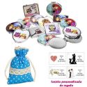 Espejos coloridos con búhos, de diferentes formas, con bolsa de lunares de color azul, y tarjeta personalizada
