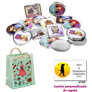 Espejos coloridos con búhos, de diferentes formas, con dibujos de mujer, moda y belleza, y tarjeta personalizada