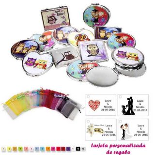 Espejos coloridos con búhos, de diferentes formas, con bolsa de organza multicolor, y tarjeta personalizada