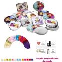 Espejos coloridos con búhos, de diferentes formas, con bolsa de raso multicolor, y tarjeta personalizada