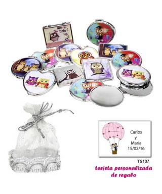 Espejos coloridos con búhos, de diferentes formas, con una elegante bolsa plateada, y tarjeta personalizada