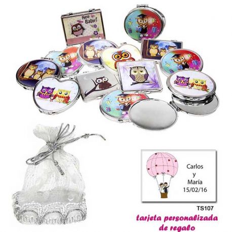 Espejos coloridos con búhos, de diferentes formas, con una elegante bolsa plateada, y tarjeta personalizada