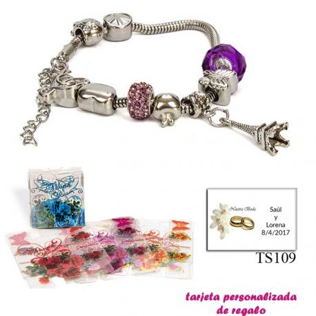 Pulsera Pandora con abalorios morados y colgante de la Torre Eiffel
