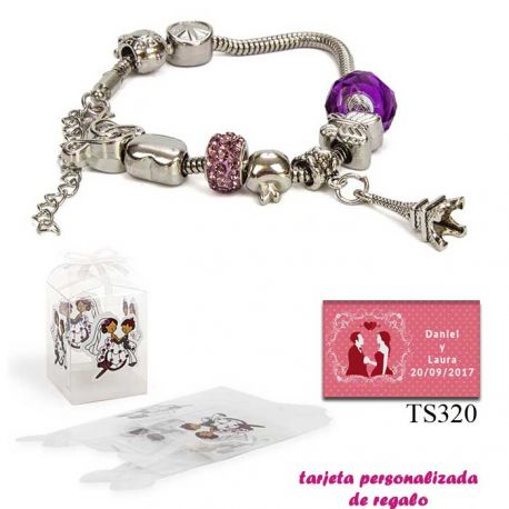 Pulsera Pandora con abalorios morados y colgante de la Torre Eiffel