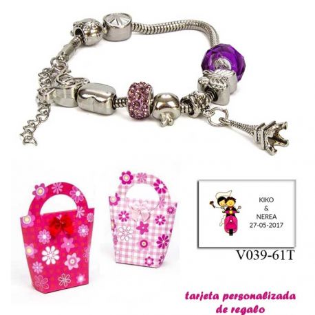 Pulsera Pandora con abalorios morados y colgante de la Torre Eiffel