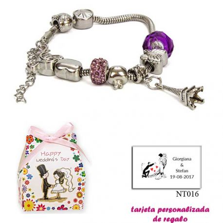 Pulsera Pandora con abalorios morados y colgante de la Torre Eiffel