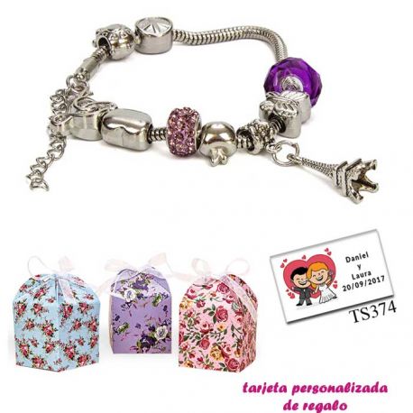 Pulsera Pandora con abalorios morados y colgante de la Torre Eiffel