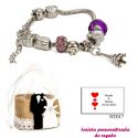 Pulsera Pandora con abalorios morados y colgante de la Torre Eiffel