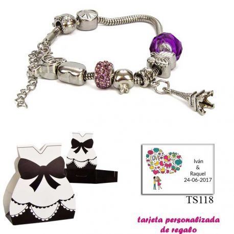 Pulsera Pandora con abalorios morados y colgante de la Torre Eiffel