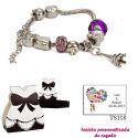 Pulsera Pandora con abalorios morados y colgante de la Torre Eiffel