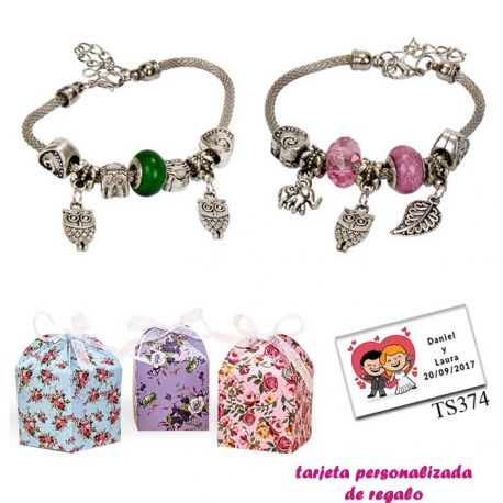 Pulsera con abalorios en colores surtidos (verde o rosa) y colgantes de búhos y elefantes