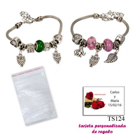 Pulsera con abalorios en colores surtidos (verde o rosa) y colgantes de búhos y elefantes