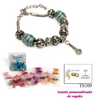 Pulsera con abalorios en color plata y turquesa, con colgante de micrófono