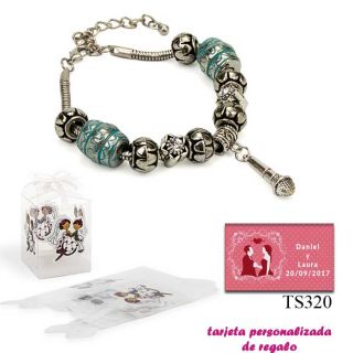 Pulsera con abalorios en color plata y turquesa, con colgante de micrófono