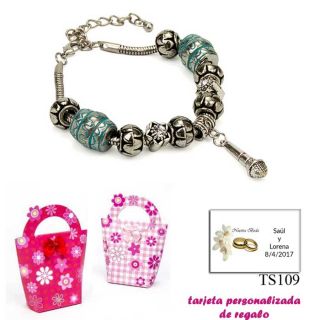 Pulsera con abalorios en color plata y turquesa, con colgante de micrófono