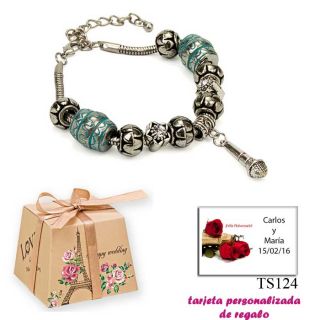 Pulsera con abalorios en color plata y turquesa, con colgante de micrófono