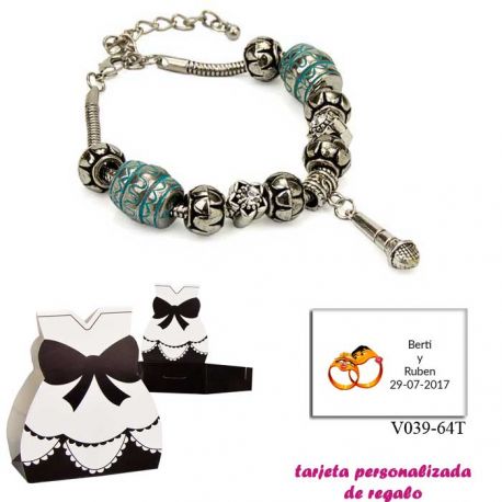 Pulsera con abalorios en color plata y turquesa, con colgante de micrófono