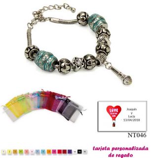 Pulsera con abalorios en color plata y turquesa, con colgante de micrófono