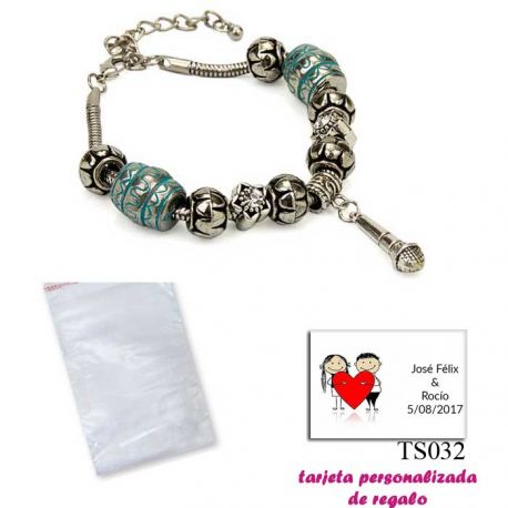 Pulsera con abalorios en color plata y turquesa, con colgante de micrófono