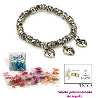 Pulsera “My Dog” con 3 colgantes de corazon y motivos de huella de perritos