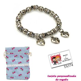 Pulsera “My Dog” con 3 colgantes de corazon y motivos de huella de perritos