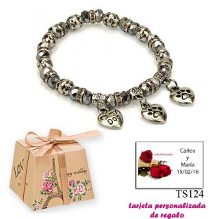 Pulsera “My Dog” con 3 colgantes de corazon y motivos de huella de perritos