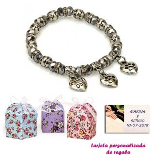 Pulsera “My Dog” con 3 colgantes de corazon y motivos de huella de perritos