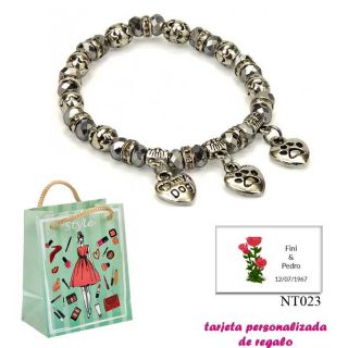 Pulsera “My Dog” con 3 colgantes de corazon y motivos de huella de perritos