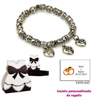 Pulsera “My Dog” con 3 colgantes de corazon y motivos de huella de perritos