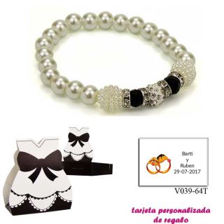 Pulsera de perlas blancas con brillantes, abalorios y piedras negras
