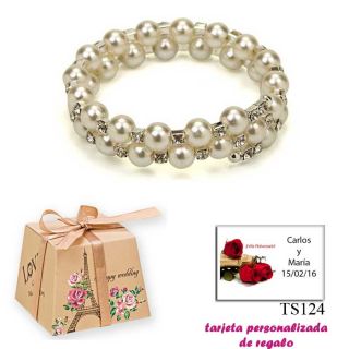 Pulsera doble de perlas blancas con brillantes
