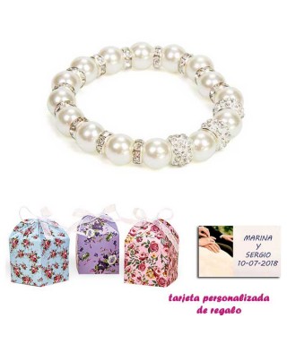 Pulsera de perlas blancas con aros de brillantes