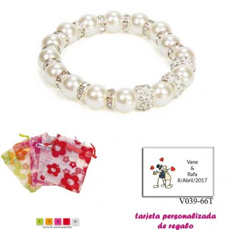 Pulsera de perlas blancas con aros de brillantes