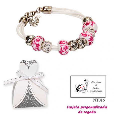 Pulsera de cuerdas con abalorios en fucsia, plata y brillantes