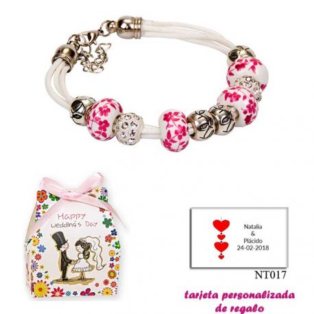 Pulsera de cuerdas con abalorios en fucsia, plata y brillantes