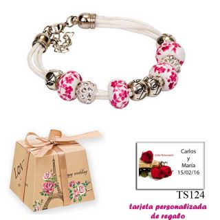 Pulsera de cuerdas con abalorios en fucsia, plata y brillantes