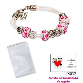 Pulsera de cuerdas con abalorios en fucsia, plata y brillantes