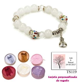Pulsera de perlas blancas con brillantes de colores y saco de dólar