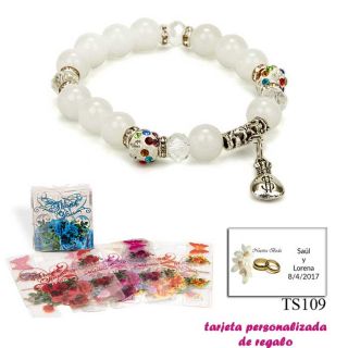 Pulsera de perlas blancas con brillantes de colores y saco de dólar