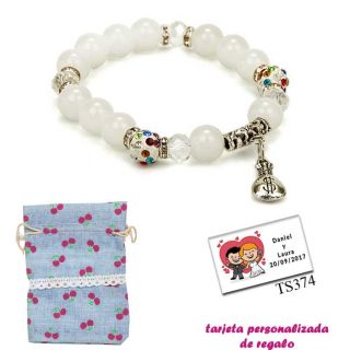 Pulsera de perlas blancas con brillantes de colores y saco de dólar