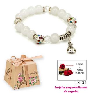 Pulsera de perlas blancas con brillantes de colores y saco de dólar