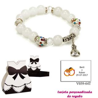 Pulsera de perlas blancas con brillantes de colores y saco de dólar