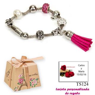 Pulsera de abalorios con detalles en fucsia y borla colgante
