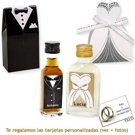 Licor de crema para ella y licor de café para él, con cajas de novio y novia a juego