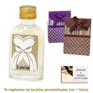 Licor de crema 20 ml con etiqueta de novia y bolsa surtida de rayas y cuadros