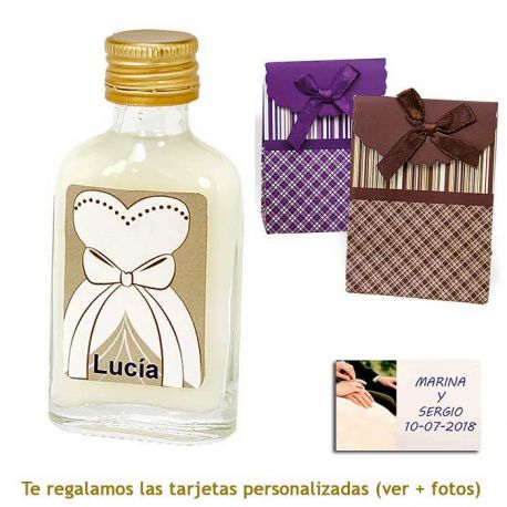 Licor de crema 20 ml con etiqueta de novia y bolsa surtida de rayas y cuadros