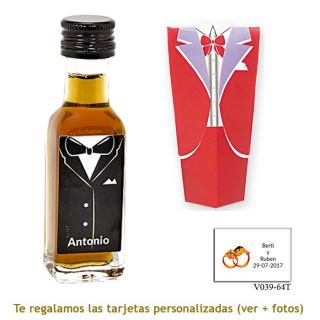 Licor de café 20 ml con etiqueta de novio y caja con traje rojo de novio