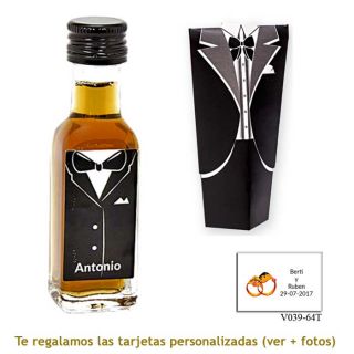 Licor de café 20 ml con etiqueta de novio y caja con traje de novio