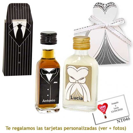 Licor de crema para ella y licor de café para él, con cajas de novio y novia a juego